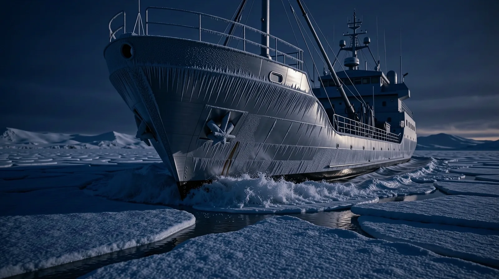 Arctic research vessel navigating frozen waters