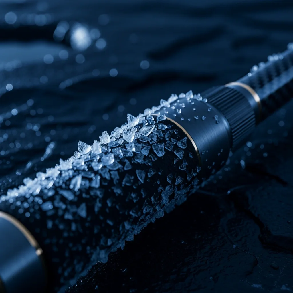 Technical fishing gear encrusted with frost